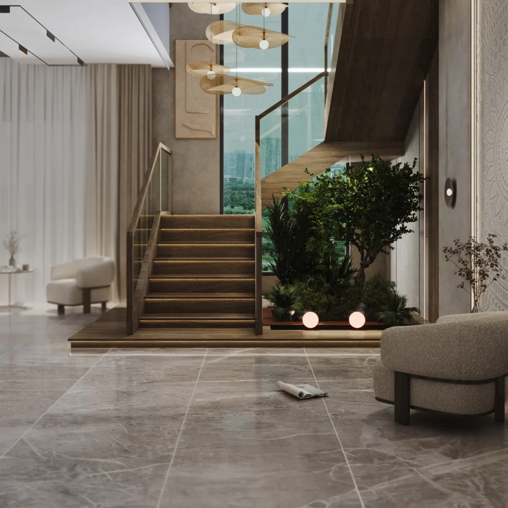 warm modern interior design with stairs and a plant